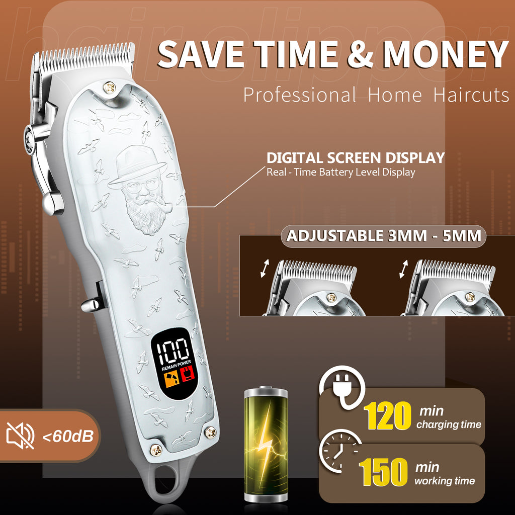 LQT Opulent Silver-Gray Gentleman-Embossed Dual-Digital Clipper Grooming Kit