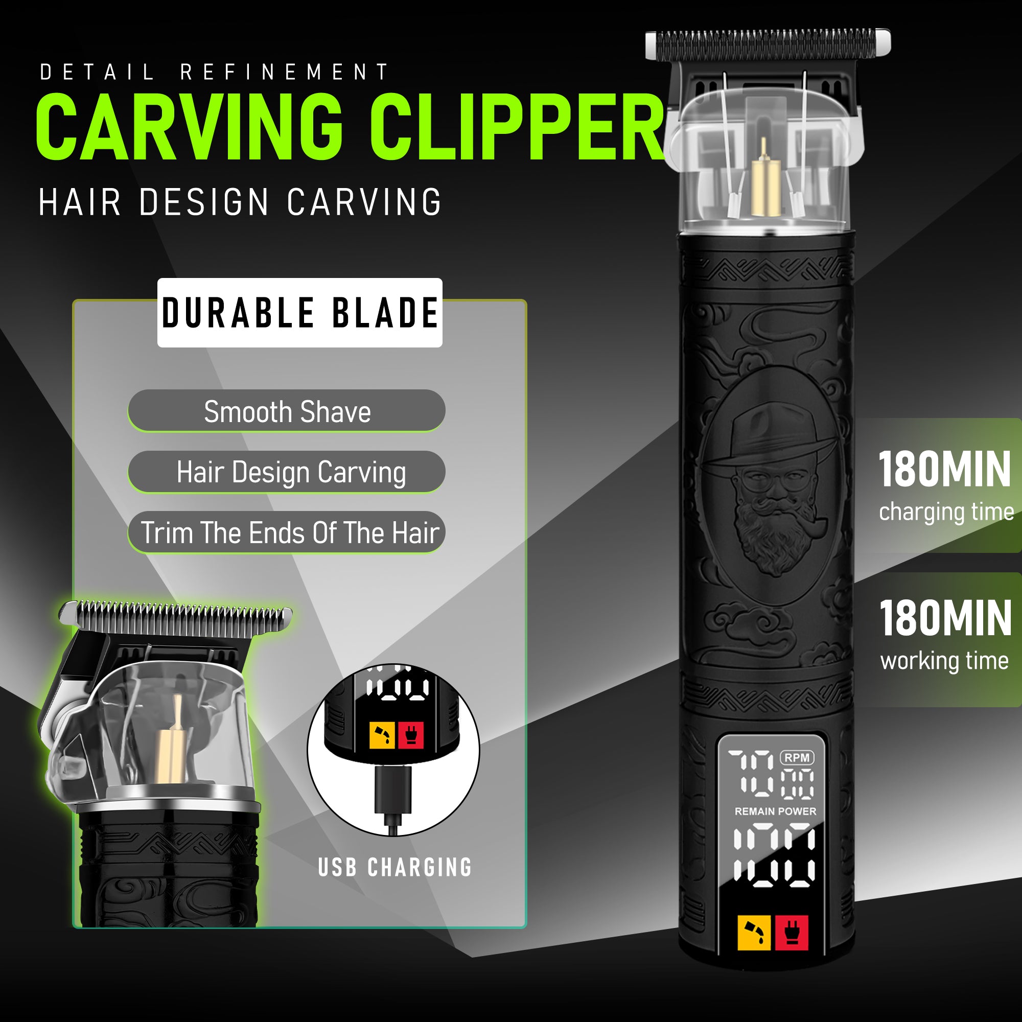 LQT Opulent All-Black Gentleman-Embossed Dual-Digital Clipper Grooming Kit