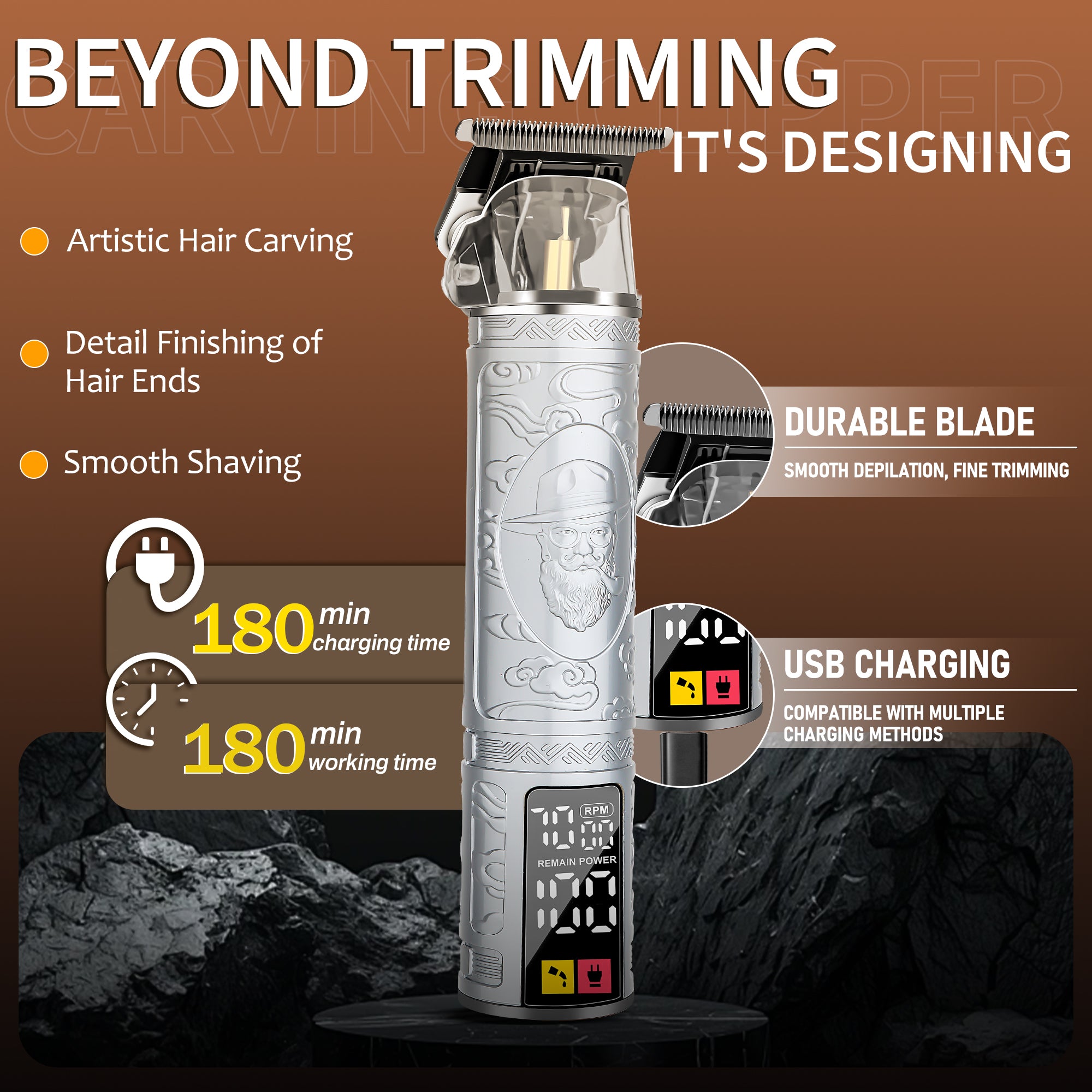 LQT Opulent Silver-Gray Gentleman-Embossed Dual-Digital Clipper Grooming Kit