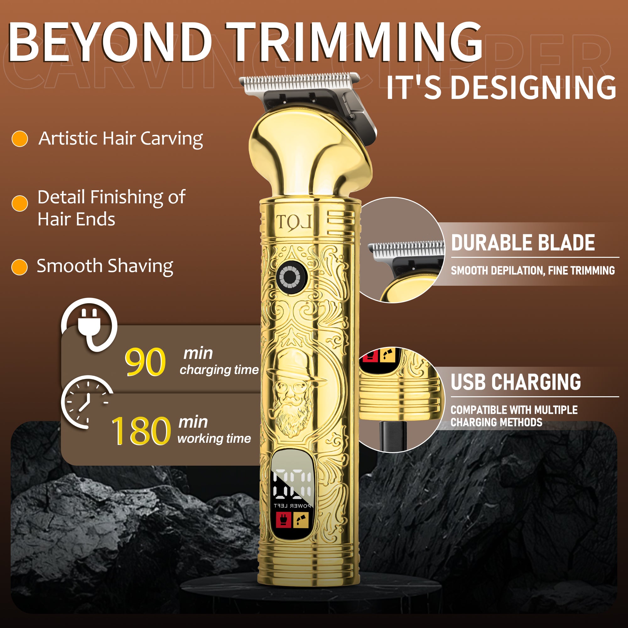 LQT Opulent Vintage-Gold Gentleman-Embossed Full-Tool 6in1 Grooming Kit