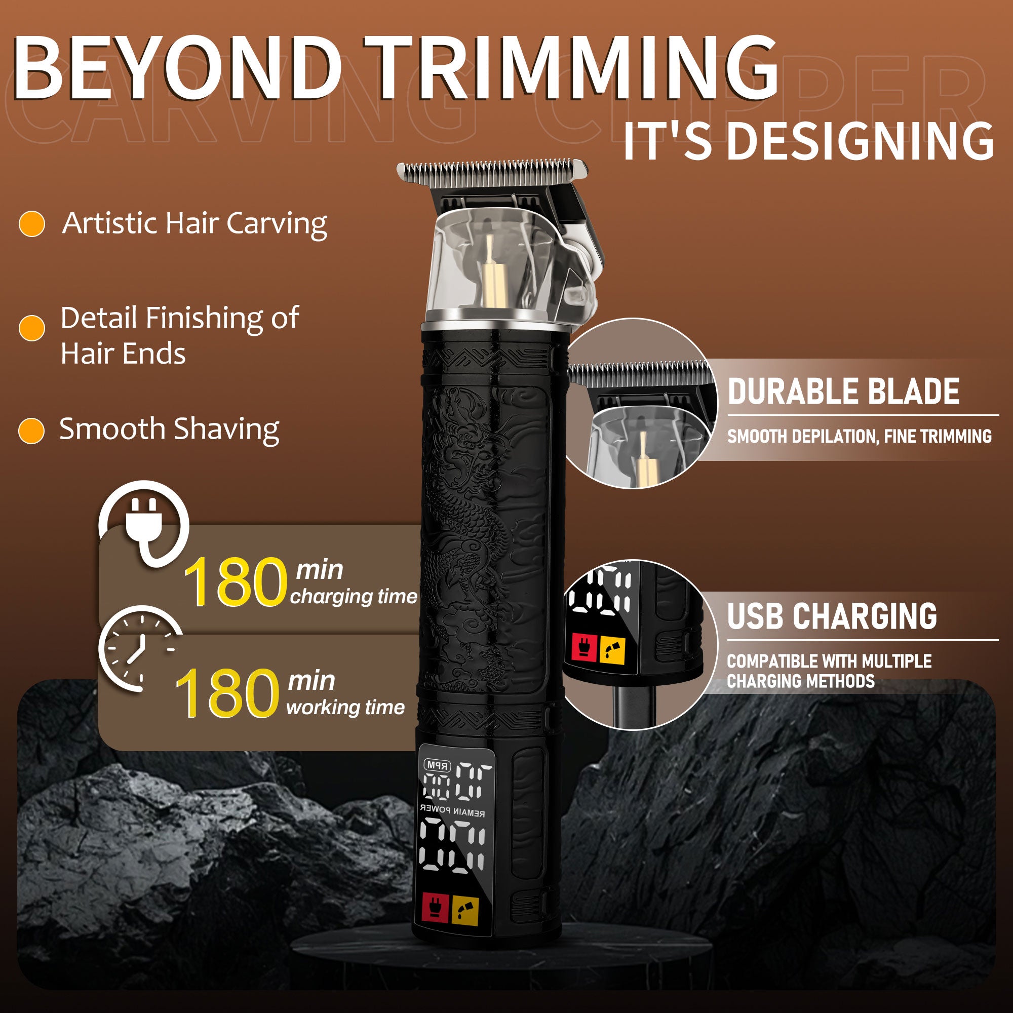 LQT Opulent Black-Blue Gradient Dragon-Texture Dual-Digital Clipper Grooming Kit