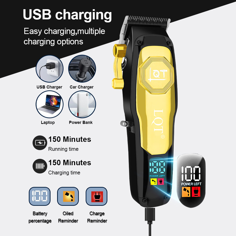 LQT Opulent Black-Gold Contrast Brand-Emblem Digital Clipper Grooming Kit