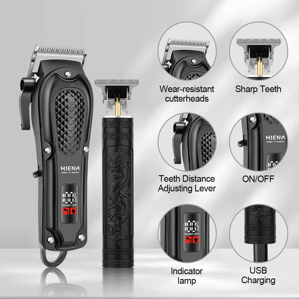 HIENA Opulent All-Black Dragon-Embossed Dual-Digital Clipper Grooming Kit