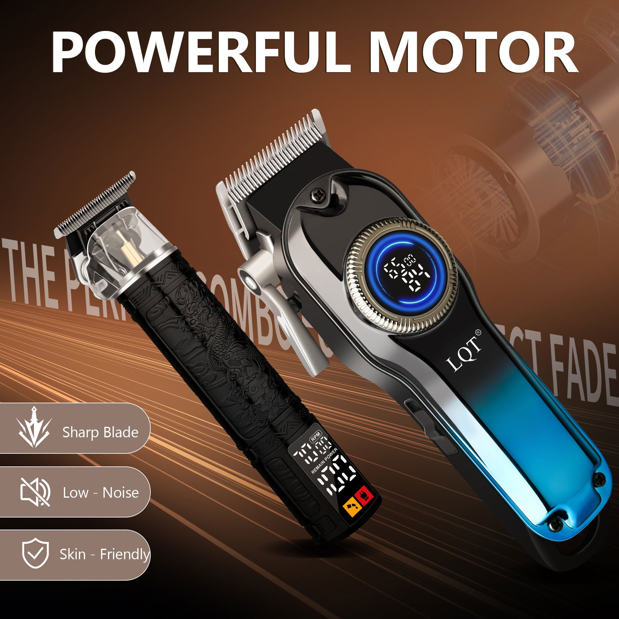 LQT Opulent Black-Blue Gradient Dragon-Texture Dual-Digital Clipper Grooming Kit