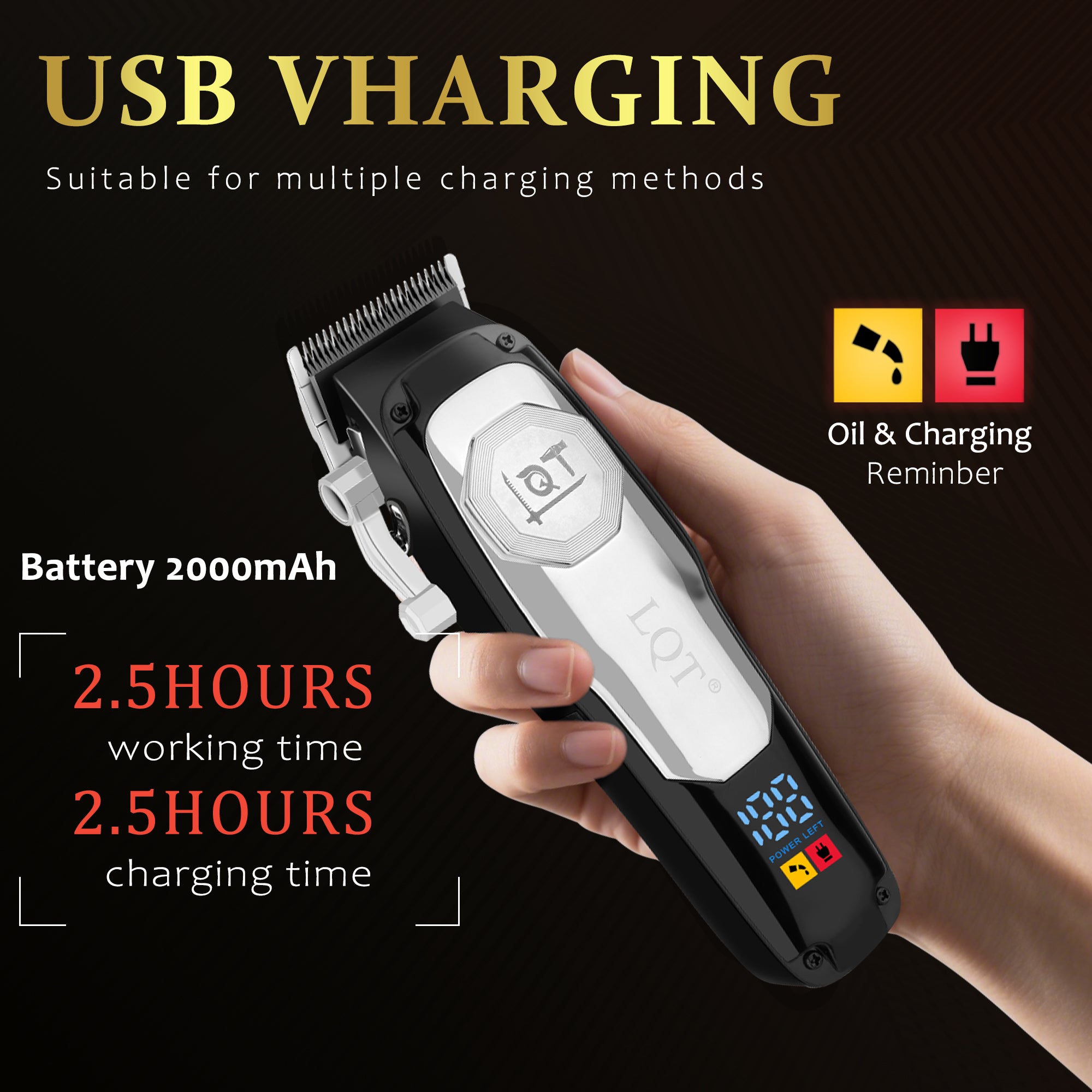 LQT Opulent Black-White Contrast Brand-Emblem Digital Clipper Grooming Kit