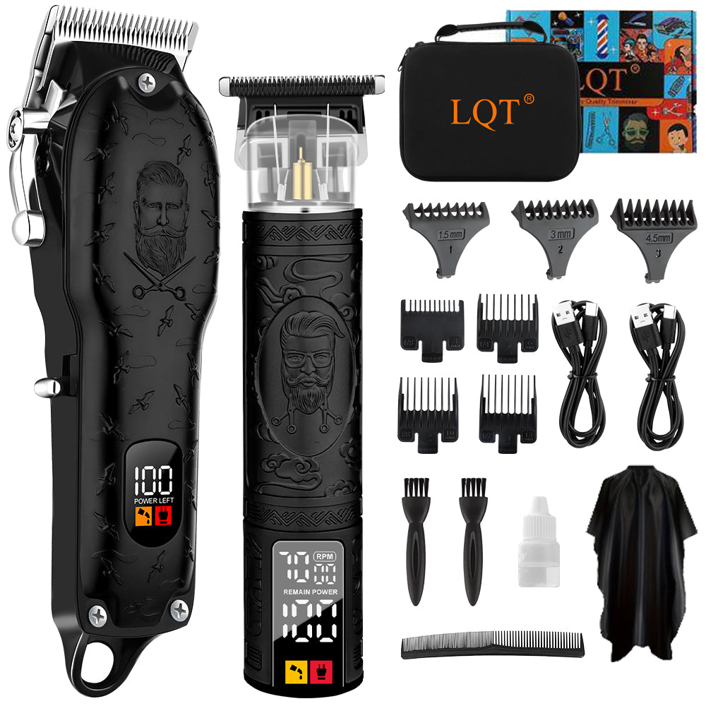 LQT Opulent All-Black Stylist-Embossed Dual-Digital Clipper Grooming Kit