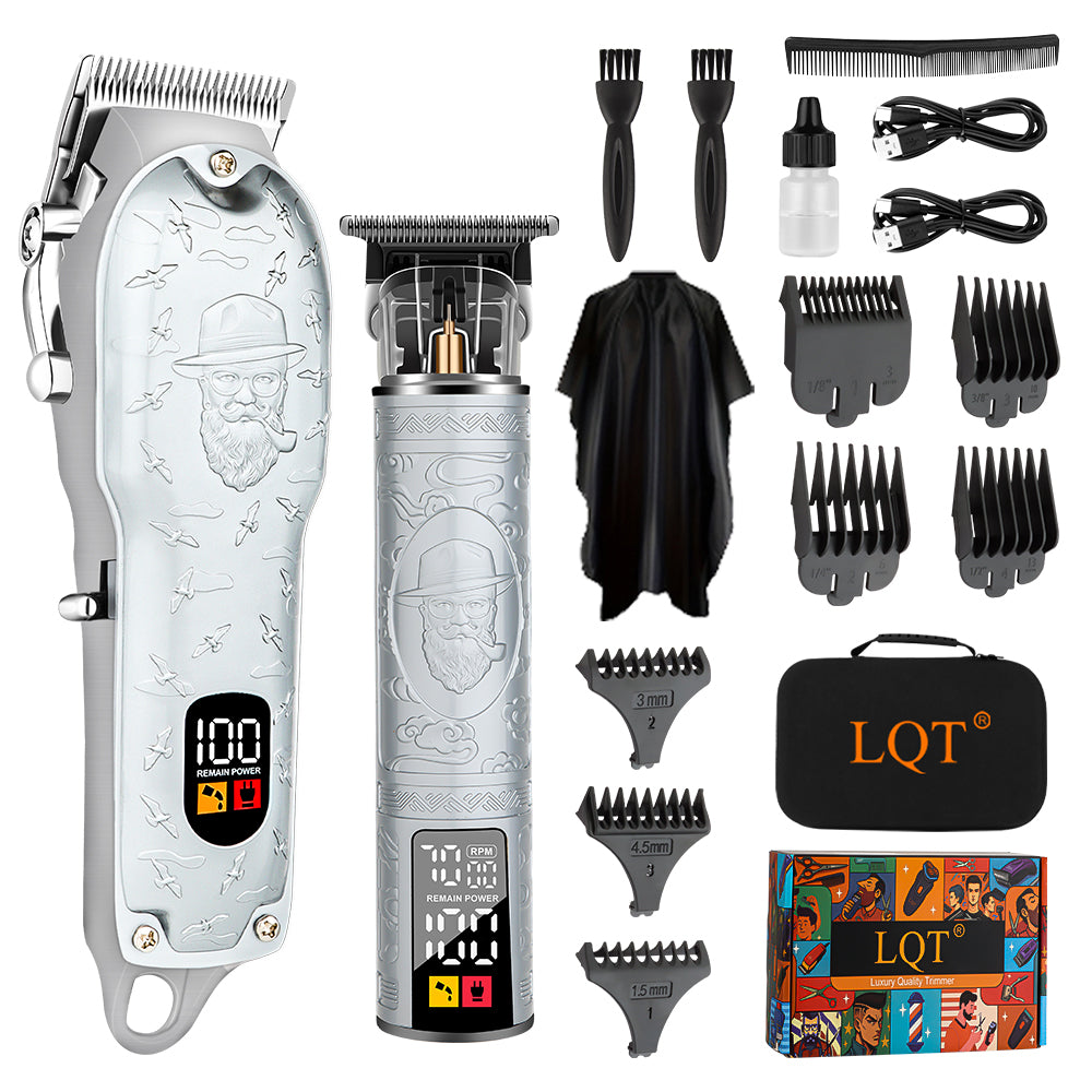 LQT Opulent Silver-Gray Gentleman-Embossed Dual-Digital Clipper Grooming Kit