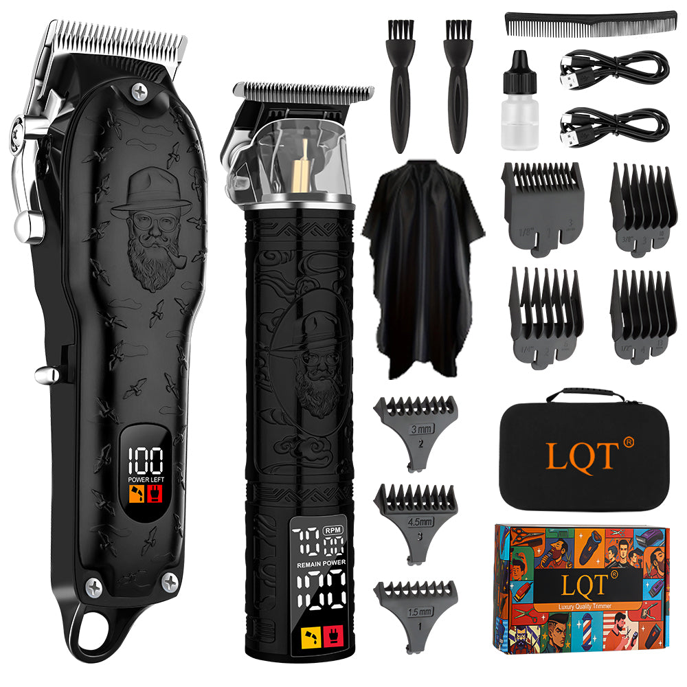 LQT Opulent All-Black Gentleman-Embossed Dual-Digital Clipper Grooming Kit