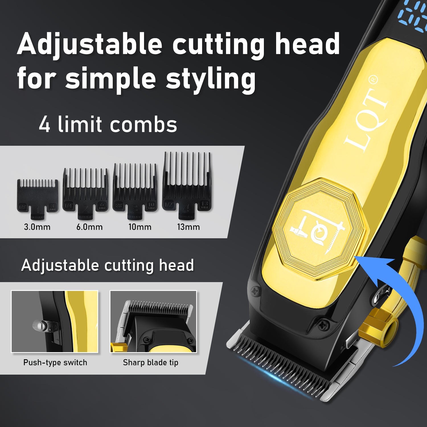 LQT Opulent Black-Gold Contrast Brand-Emblem Digital Clipper Grooming Kit