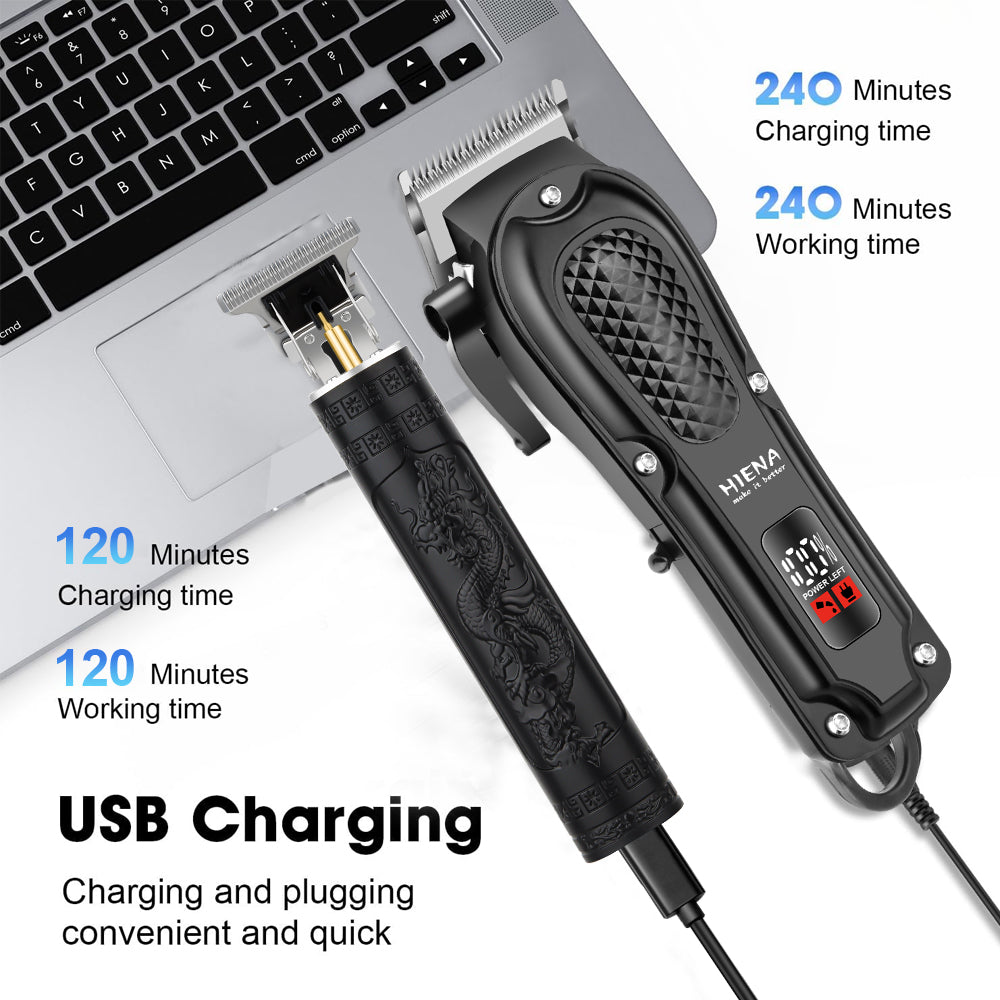 HIENA Opulent All-Black Dragon-Embossed Dual-Digital Clipper Grooming Kit