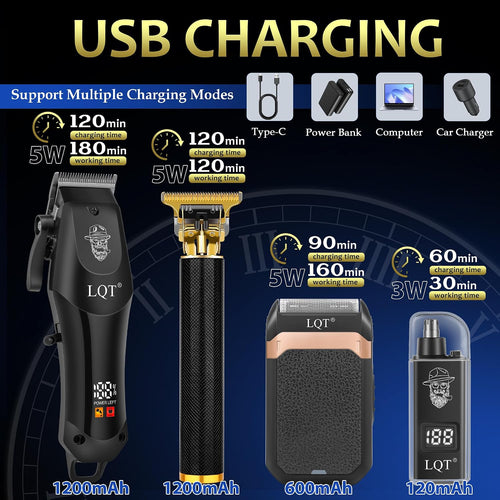 Hair Clippers for Men with LED Display, 4-Piece Cordless Grooming Kit with Hair Clipper, Beard Trimmer, Foil Shaver & Nose Trimmer, Complete Set for Home Barber